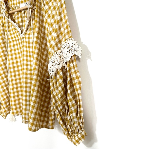 Anthropologie Everleigh Mustard Gingham Peasant Blouse Size XXS Petite Flowy - Picture 2 of 7